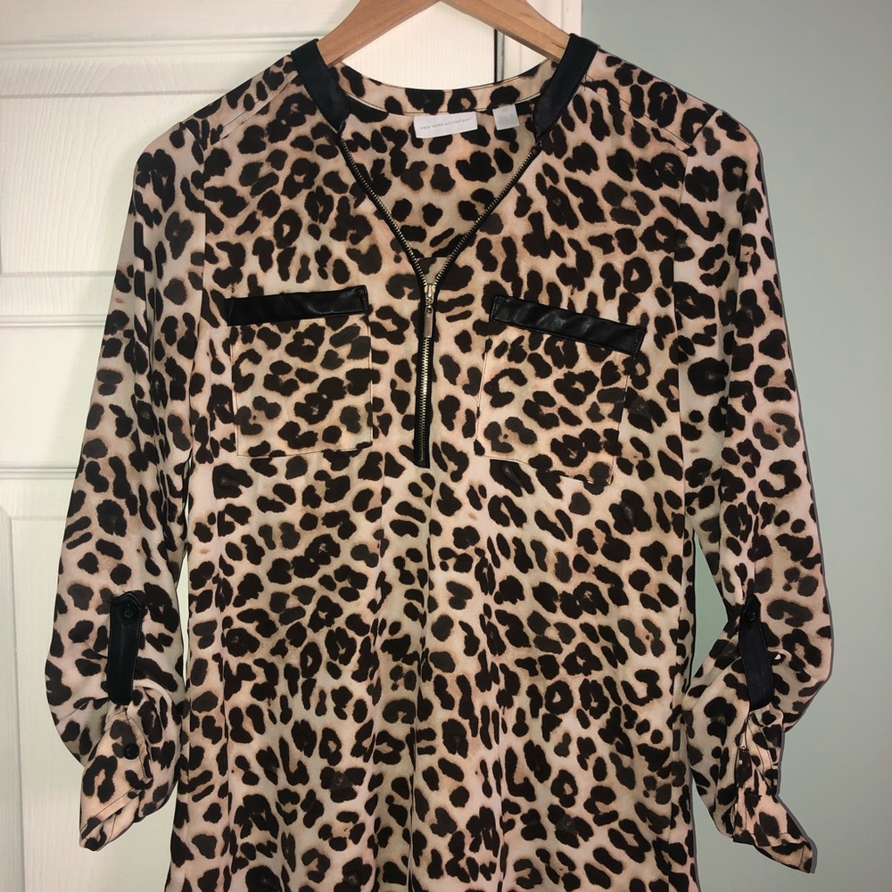 Cheetah work blouse with leather detail